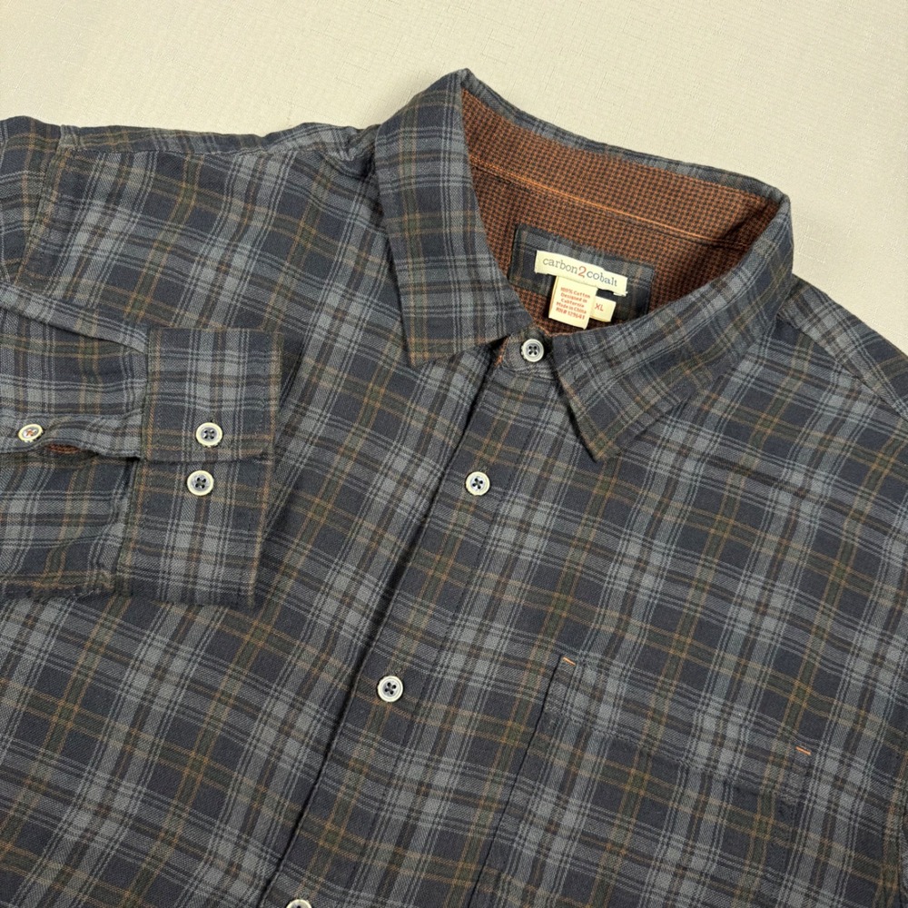 Carbon2Cobalt Mens XL Plaid Double Cloth Button Down Shirt Charcoal Brown Cotton